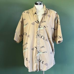 🤎 Vintage 80s MOSCHINO Mendini Pistol Shirt w/Guns, Hearts, Yes, No Print Large